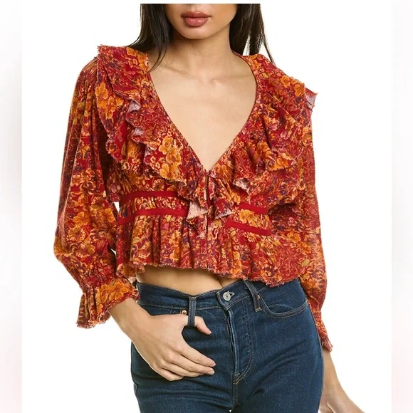 Free People Rudi Ruffle Top in Cherry Combo, Size Small - Picture 17 of 17